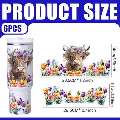 6 PCS Cow UV DTF Stickers, UV DTF Cup Wrap for 40oz | Vibrant washable UV DTF cup wrap transfers with strong adhesion for glass cups, mugs and smooth hard surfaces - style: Cow