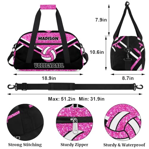 Personalized Volleyball Sports Bag, Custom Sport Duffel Bag Large Compartment Cheerleaders Dance Bag Weekender Bags Travel Bag, Bright Pink Glittering with Black - color: Hot Pink