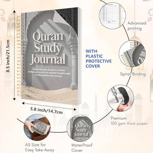 Premium Quran Study Journal - A5 Spiral Bound Islamic Reflection Notebook with 120 Pages 100gsm Thick Paper - Arabic & Translation Tracker for Daily Quranic Study, Memorization & Ramadan Gifts (Stone Arch) - color: Stone Arch
