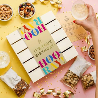 Happy Birthday Food Gift Basket, Healthy Nut Gift Tray, Birthday Snack Treat in Reusable Wooden Crate, Gourmet Assorted Food Delivery, Birthday Snack Box, For Men, Women and Families, Bonnie & Pop - style: Birthday