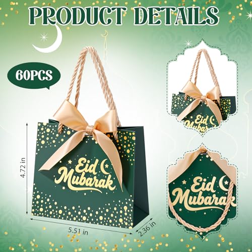 Glenmal 60 Pcs 5.51x2.36x4.72'' Ramadan Gift Bags Ramadan Mubarak Green Paper Party Bags Eid Mubarak Treat Goodie Bag with Handle and Ribbon for Ramadans Kareem Eid Mubarak's Party Supplies - color: Green, size: 1 count (Pack of 60)