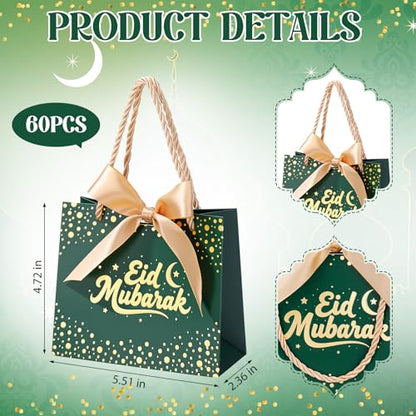 Glenmal 60 Pcs 5.51x2.36x4.72'' Ramadan Gift Bags Ramadan Mubarak Green Paper Party Bags Eid Mubarak Treat Goodie Bag with Handle and Ribbon for Ramadans Kareem Eid Mubarak's Party Supplies - color: Green, size: 1 count (Pack of 60)