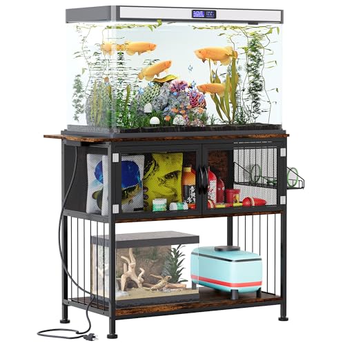TQVAI 40-55 Gallon Fish Tank Stand with Power Outlets, Heavy Duty Aquarium Stand with Cabinet Storage Fish Tank Accessories, Large Reptile Terrarium Tank Stand, Black/Vintage - size: 40-55 Gallon