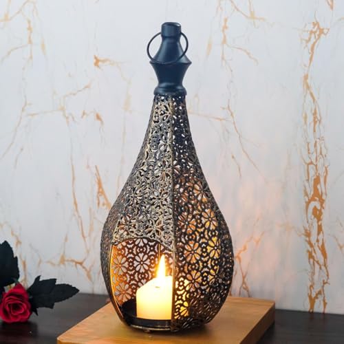 11.6inch Moroccan Lantern Lamp Decorative Candle Holders for Ramadan Decorations, Hanging, Outdoor Patio or Porch, Indoor Home Decor Gold