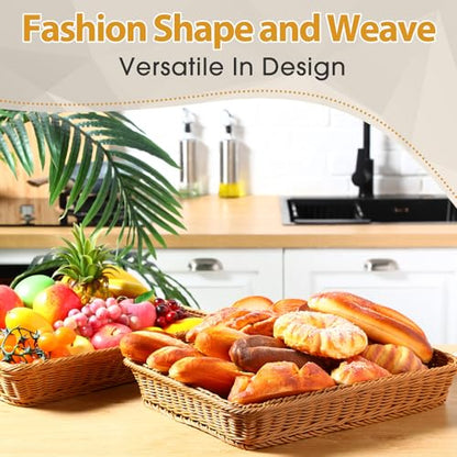 Eccliy 6 Pack Wicker Bread Baskets Woven Serving Basket, 19 Inch | Poly Wicker Storage for Gift, Rectangle Rattan Display Trays for Bread Food Vegetables Fruit Snacks Tabletop Restaurant Home - size: 19 Inch