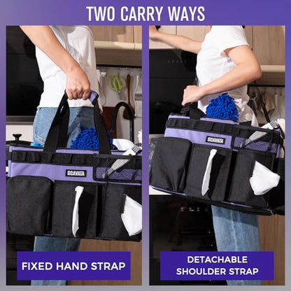 SCAVATA Wearable Cleaning Caddy Bag, Cleaning Caddy Supplies Organizer with Handle & Shoulder Straps for Housekeepers, Under Sink & Car Cleaning Tool Organizers with 4 Foldable Divider (Purple) - color: Purple