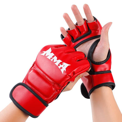 MMA Gloves, Half-Finger Boxing Fight Gloves MMA Mitts with Adjustable Wrist Band UFC Gloves for Sanda Sparring Punching Bag Training (One Size Fits Most) - color: Red