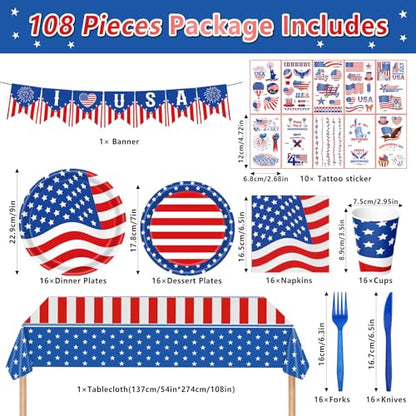 108PCS 4th of July Party Supplies American Flag Tableware Set Forth of July Patriotic Party Decorations Patriotic Paper Plates and Napkins Tablecloth Memorial Independence Day Dinnerware for 16 Guests - style: 4th of july