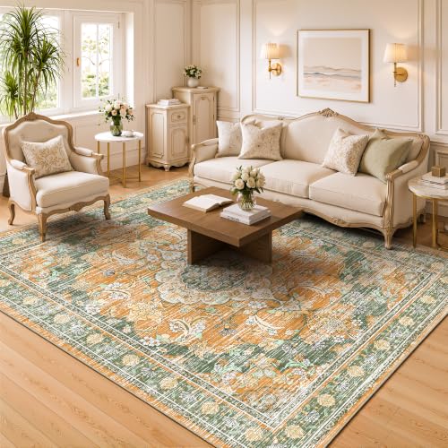 3x5 Boho Washable Area Rugs, Non Slip Indoor Foldable Carpets, Green Orange - color: Green Orange, size: 3' x 5' (Rectangular)