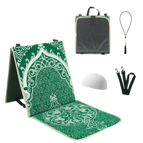 Foldable Thick Prayer Rug with Back Support, Portable Prayer Mat Set Green - color: Green