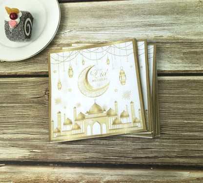 24 Pcs Ramadan and Eid Crescent Moon Party Napkins Ramadan Kareem Eid Mubarak Disposable Napkins, Arabic Design Themed Paper Napkins for Eid Al-Fitr Party Decorations, 6.5" 2-Ply