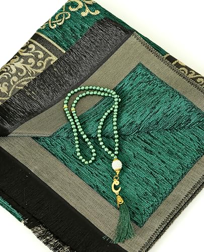 Prien Prayer Rug with Tasbih | Muslim Carpet | Praying Mat with Prayer Beads | Islamic Gifts for Women Men | Islam Portable Pray Set for Travel Kids Ramadan Namaz Hajj Umrah (Green) - color: Green