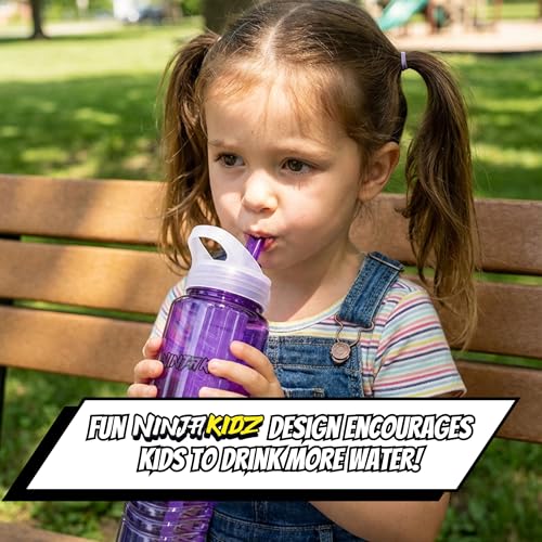Ninja Kidz Official Kids Water Bottle with Straw, Reusable Water Bottle with Handle, Leak-Resistant, Insulated, Durable, Great for Sports, Official Merch, 0.5 liters, Purple - color: Purple
