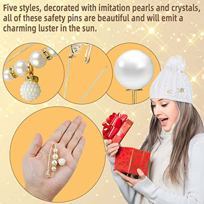 5 Pieces Pearl Brooch Safety Pins for Clothes Safety Pin for Women Fashion Sweater Shawl Collar Dresses Cardigan Clips Faux Crystal Pearl Brooches Set for Girls Jewelry Decoration Accessories (Gold)