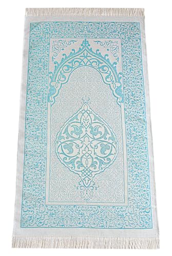 ihvan online Muslim Prayer Rug with 99 Beads Tasbih & Travel Bag, Soft Taffeta Sajadah, Lightweight & Foldable Janamaz, Portable Prayer Mat, Islamic Gift for Eid, Ramadan, Hajj & Umrah, Blue - color: Blue