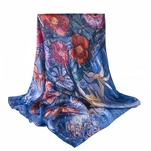 100% Mulberry Silk Scarf-Printed or Solid Color 35” Square Large Silk Hair Head Wrap Scarf With Gift Box Package - color: Style 46