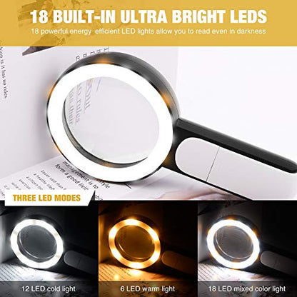 Magnifying Glass with Light, Handheld Large Magnifying Glass 18LED Cold and Warm Light with 3 Modes, Illuminated Lighted Magnifier for Seniors Reading, Coins, Jewelry - color: Black