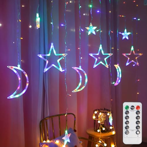 Lemical Star Moon Curtain Lights 11.5ft Battery Powered Remote Control LED Fairy Light Strings,8 Flashing Modes Waterproof Decorative Lights for Christmas, Party, Bedroom Decorations(Multicolored) - color: Multicolored