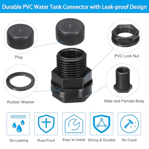 PATIKIL PVC Bulkhead Fitting with Cap NPT1/2" Female x GHT 3/4" Male, 6 Pack Double Threaded Bulkhead Water Tank Connector with Seal Gasket for Rain Bucket Sinks Aquariums, Black