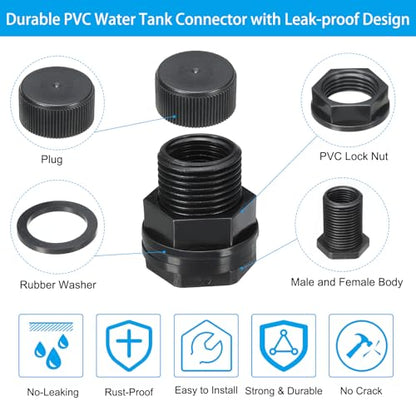 PATIKIL PVC Bulkhead Fitting with Cap NPT1/2" Female x GHT 3/4" Male, 6 Pack Double Threaded Bulkhead Water Tank Connector with Seal Gasket for Rain Bucket Sinks Aquariums, Black