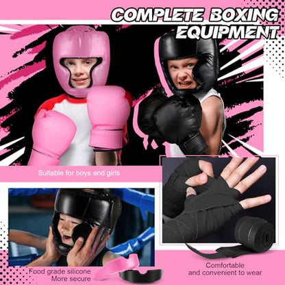 Kanayu 12 Pcs Kids Boxing Equipment Set for Beginners Ages 6-18 Years Including Boxing Helmet and Gloves Hand Wraps Sport Mouthguards Taekwondo Sparring Gear for Kids and Children - color: Black, Pink
