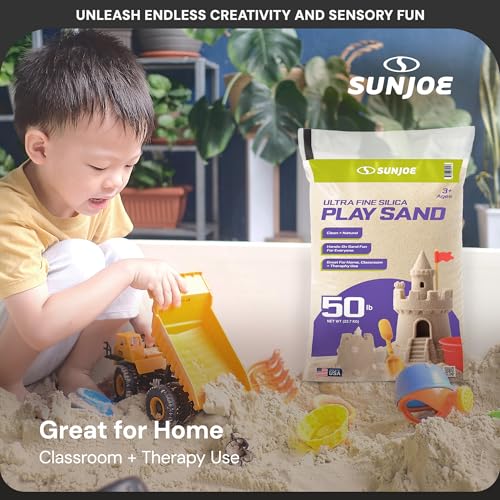 Sun Joe Silica Play Sand for Sandbox, Ultra Fine, PLYSAND50 | 50 Lb Bag - Sensory Table & Gardens, Indoor & Outdoor Craft Accessory for Molding, Digging & Sculpting - size: 50 lb