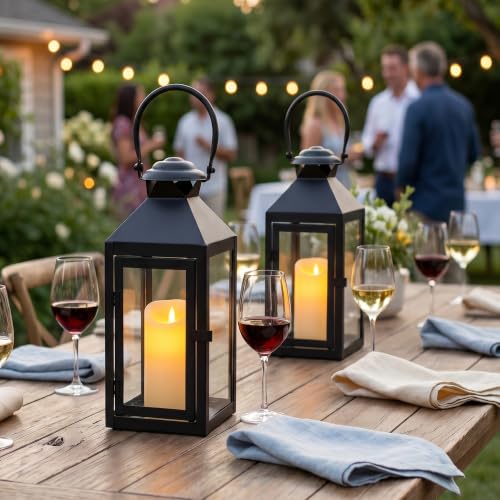 JHY DESIGN Set of 2 Farmhouse Decorative Lanterns 13" H Hurricane Candle Lanterns Rustic Lanterns Centerpieces for Home Garden Front Porch Indoor Outdoor Paritie and Wedding(Black) - color: 13"h Black
