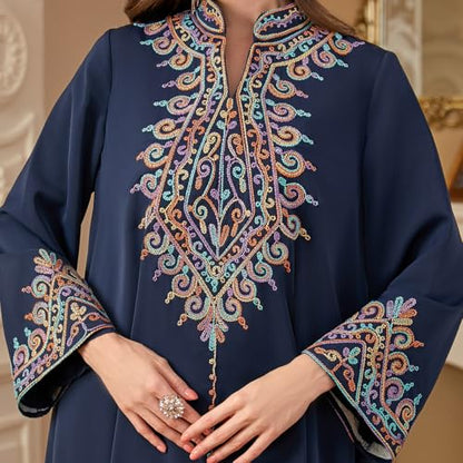 OBEEII Abayas for Women Muslim Applique Embroidery Long Sleeve Maxi Dress Loose Full Cover Islamic Dubai Robe Kaftan Abayas - color: Navy Blue, size: Small