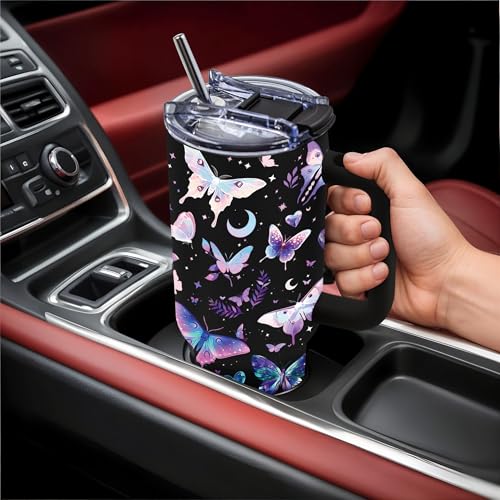 40oz Tumbler with Handle & Straw, Butterfly Gifts for Women | Insulated Stainless Steel Travel Mug, Holiday, Birthday Gifts for Women, Friends, Daughter, Mom - color: Butterfly-Black