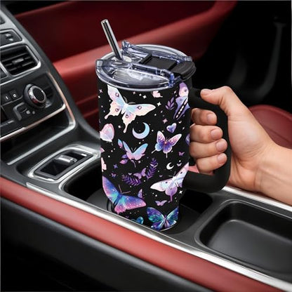 40oz Tumbler with Handle & Straw, Butterfly Gifts for Women | Insulated Stainless Steel Travel Mug, Holiday, Birthday Gifts for Women, Friends, Daughter, Mom - color: Butterfly-Black