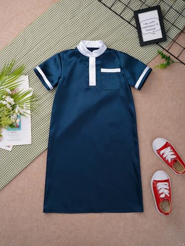 Muslim Toddler Baby Boys Ramadan Eid Outfit Thobe Arabic Islamic Abaya Dubai Robe Prayer Clothes - color: Navy Blue, size: 2-3T