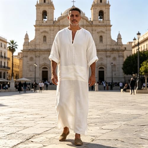 Men's White Linen Blend Muslim Thobe, Long Sleeve V-Neck Loose Fit Maxi Robe with Pocket - size: XX-Large