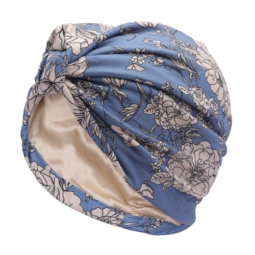 ZLYC Satin Lined Hijab Cap for Women Tie Back Undercap Underscarf Hat - color: Knot Beige Flowers Blue