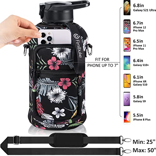 Fimibuke Half Gallon Water Bottle with Sleeve 64 OZ Water Bottle with Handle & Straw Leakproof Motivational Sports Gym Water Bottle with Time Marker BPA Free Water Jug with Reusable Neoprene Holder - color: C1.White Hibiscus