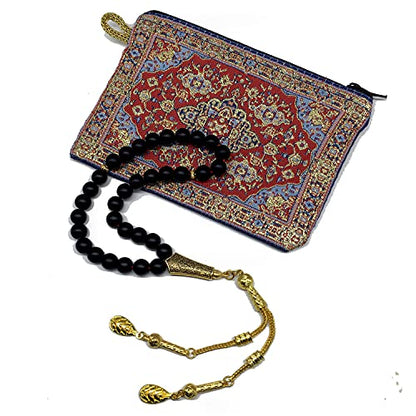 Black Agate Stone Prayer Beads and Bracelet - Worry Beads - Tesbih - Tasbih - Tasbeeh - Misbaha - Masbaha - Subha - Sebha - Rosary (Black Agate Stone/Gold Tassel) - color: Black Agate Stone Prayer Beads and Bracelet