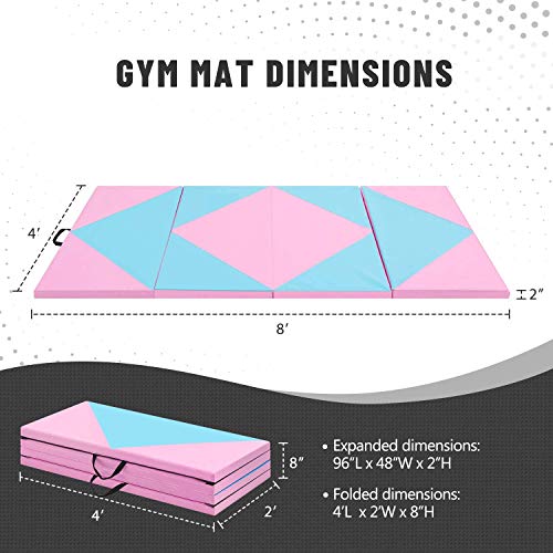 Outroad 6/8/10' Foldable Gymnastics Gym Exercise Aerobics Mat, PU Leather Tumbling Mat with Hook & Loop Fastener for Stretching Yoga Cheerleading Martial Arts - Versatile Fitness Mat for Home Workout - color: Blue 4 folding mat 4' x 8' x 2"