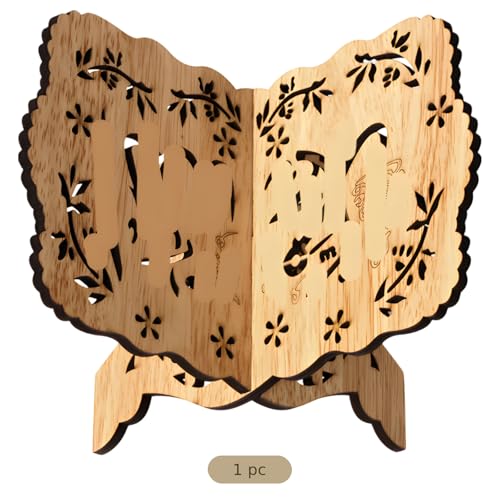 Wood Grain Quran Holder Book Stand, Poplar Wood, Hollow Carved Design, Retro Desktop Reading Stand, Stable Support for Adults, 5.1 x 7.6 in