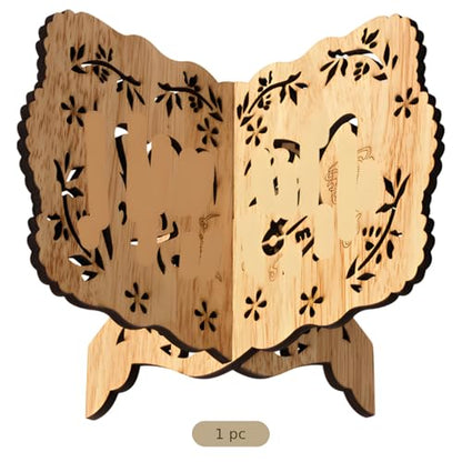 Wood Grain Quran Holder Book Stand, Poplar Wood, Hollow Carved Design, Retro Desktop Reading Stand, Stable Support for Adults, 5.1 x 7.6 in