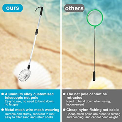 3 Pack Sand Sifter Tools - Beach Scoop for Beachcombing Shell Shark Tooth Sifter Collect Seashell Hunting Rocks Sifting, 32.6” Long Adjustable Telescoping Shovel with 4.1” Sieve Basket