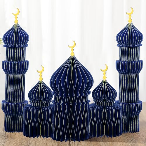 MotiMind 5 PCS Ramadan Party Decorations Ramadan 3D Honeycomb Centerpiece Eid Mubarak Centerpieces Islamic Table Decoration for Home Office Party Supplies (Blue) - color: Blue