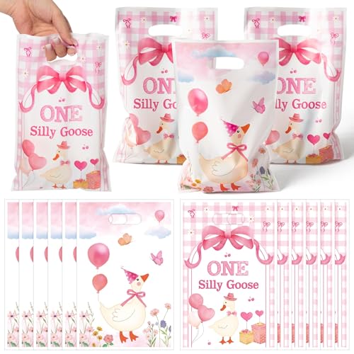 ANGOLIO One Silly Goose Party Favor Bags, 50Pcs Pink Bow Silly Goose Goody Candy Treat Plastic Gift Bags, Flowers Balloon Themed Party Decorations for Birthday Baby Shower Wedding Summer Supplies - color: Pink Goose