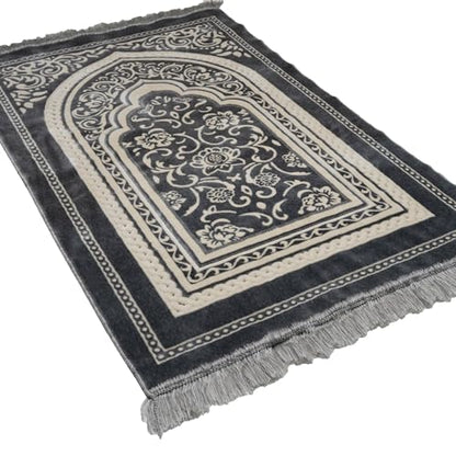 Modefa Turkish Islamic Velvet Prayer Rug - Thick & Wide Soft Praying Carpet for Men & Women - Eid & Ramadan Gift - with Kufi Cap, Beads & Car Hanger - Double Plush (Floral Arch - Grey) - color: Floral Arch - Grey