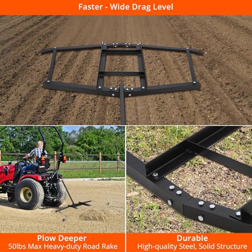 Drag Harrow Driveway Grader for Gravel, Landscaping, and Lawn Leveling, Heavy-Duty Tow-Behind Lawn Rake, Driveway Drag, and Power Rake Yard Lawn Leveling Tool for ATV, UTV, Tractor, Mower Tow Behind - size: 74 inch