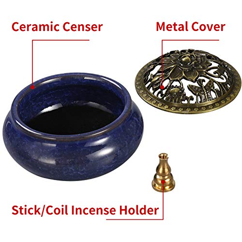 Miupoo Incense Burner and Cone Incense Holder with Brass Incense Stick Holder Ceramic Ash Catcher (Dark Blue) - color: Dark Blue