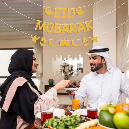 Eid Mubarak Banner - Ramadan Mubarak Decor, Happy Eid Sign, Islamic Festiva Party Decorations Gold Glitter