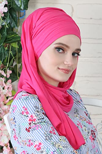 Aisha's Design Instant Hijab Scarves for Women, 95% Cotton Pretied Bonnet Turban Easy to Wear Cotton Headscarf - color: Fuchsia