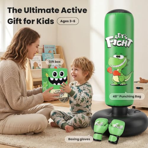 Inflatable Punching Bag, 48" Punching Bag for Kids with Boxing Gloves, Stable Boxing Set for Karate, Taekwondo,Dinosaur Toy & Gifts for Boys 3 4 5 6 7 8 Year Old - color: Green