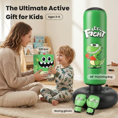 Inflatable Punching Bag, 48" Punching Bag for Kids with Boxing Gloves, Stable Boxing Set for Karate, Taekwondo,Dinosaur Toy & Gifts for Boys 3 4 5 6 7 8 Year Old - color: Green