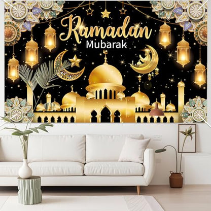 Eid Mubarak Backdrop Banner, Black and Gold Ramadan Mubarak Background Banner, Glittering Lantern Moon Star Night Backdrop for Wall Photo Background Home Muslim Eid Mubaraks Party Decorations Supplies