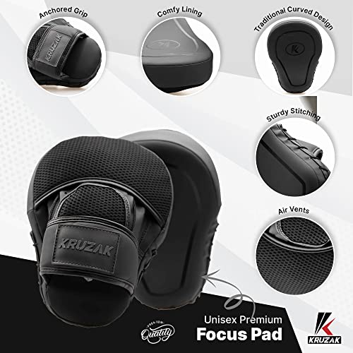 Kruzak Matte Black Boxing Gloves and Pads, Boxing Gloves Training Set for Kickboxing and Muay Thai MMA Training - Boxing Kit for Adults with Punching Pads for Martial Arts and Karate - size: 10 oz